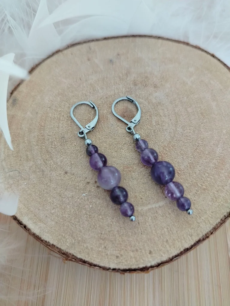 Boucles d’oreilles améthyste naturelle – dormeuses acier inoxydable – violet – b